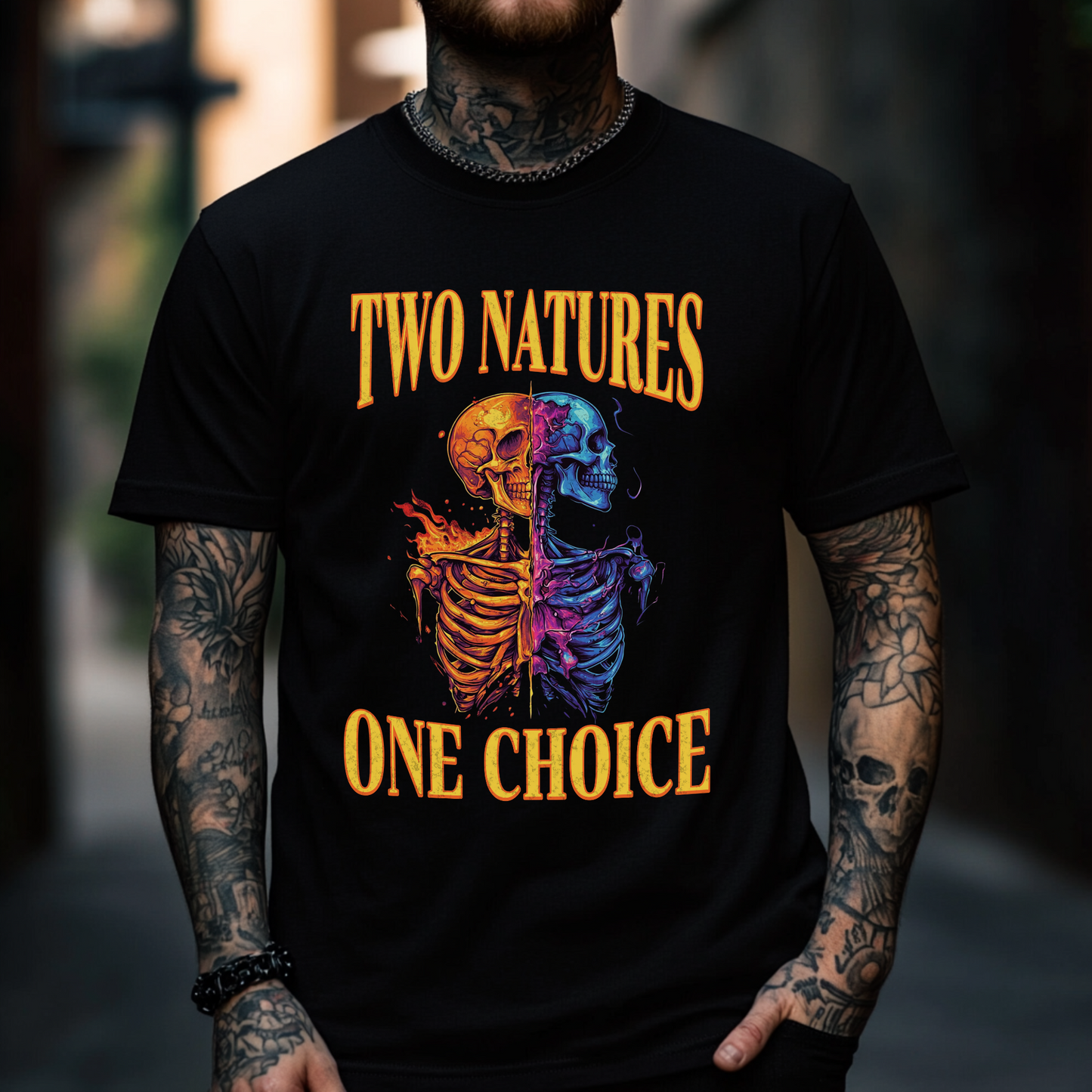 Two Natures One Choice Christian streetwear tee in black, front design view