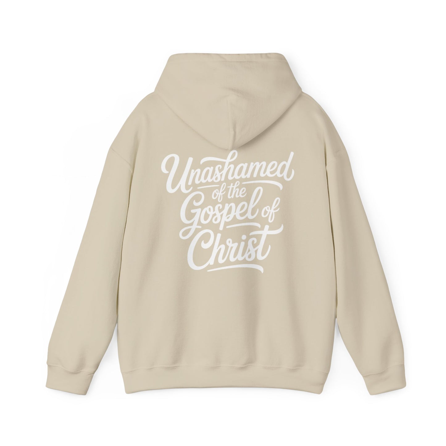 Beige christian streetwear hoodie with 'Unashamed of the Gospel of Christ' text on the back against a white background