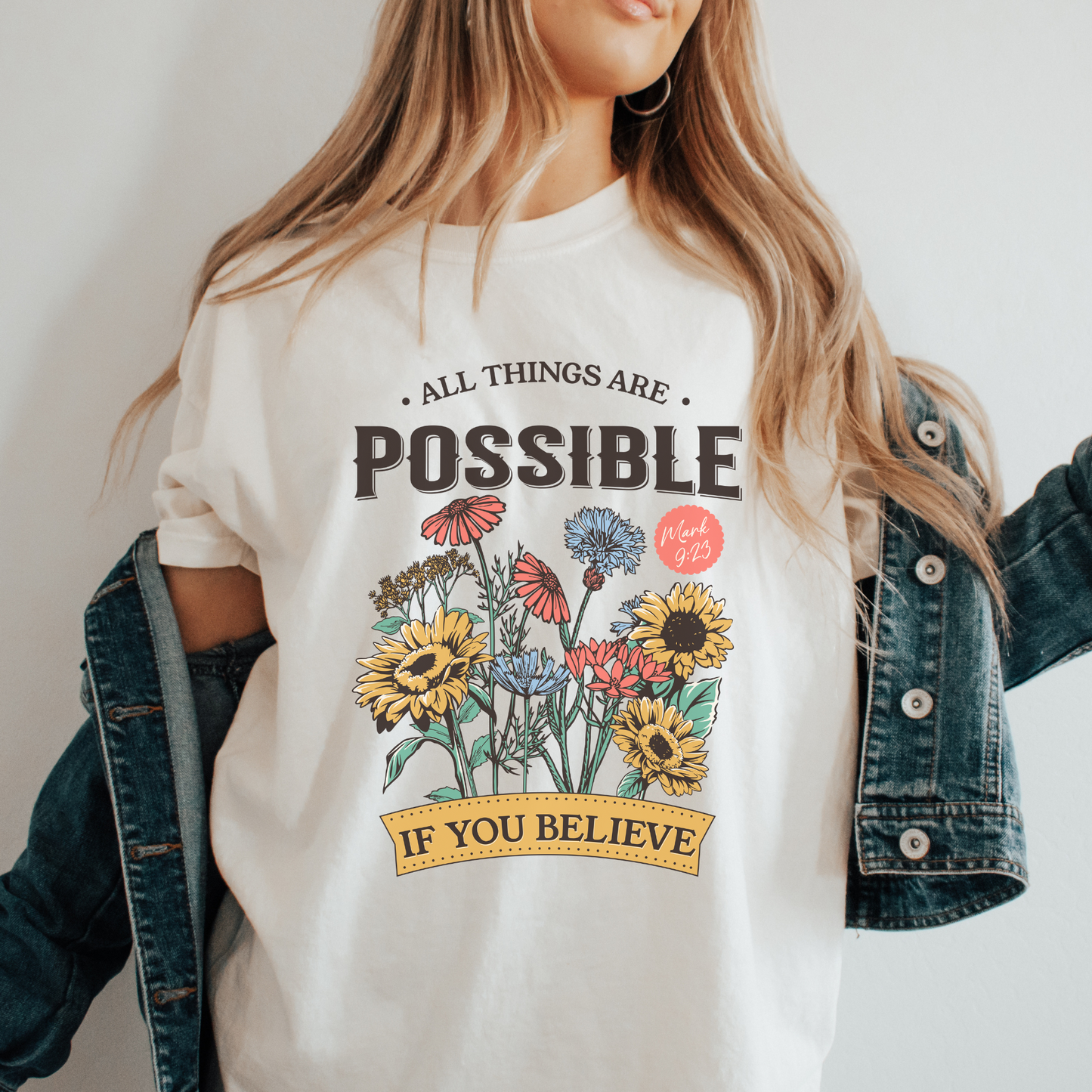 a woman wearing a cute christian shirt that is trendy