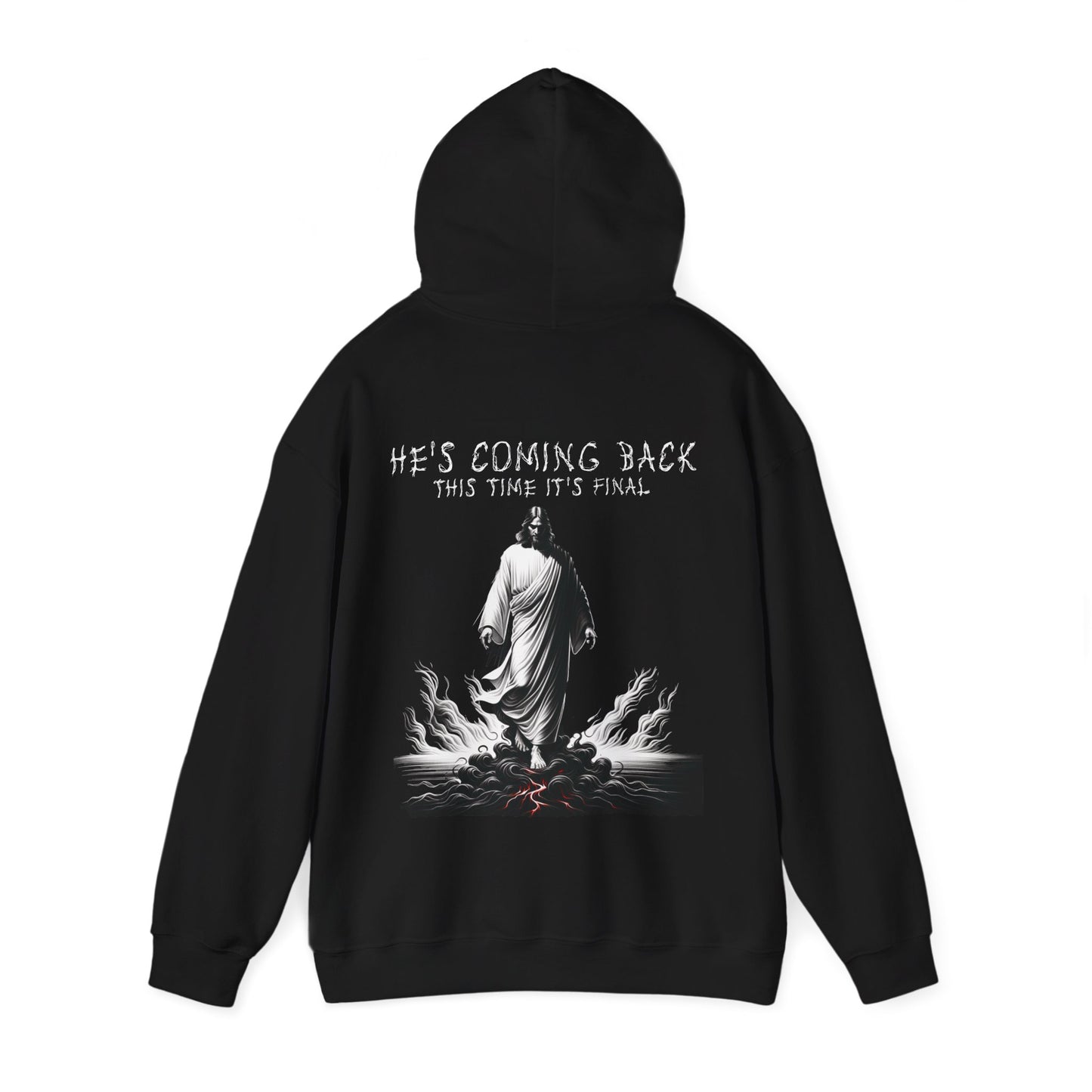 back image with hood up of a mens christain streetwear hoodie with Jesus that says He's coming back