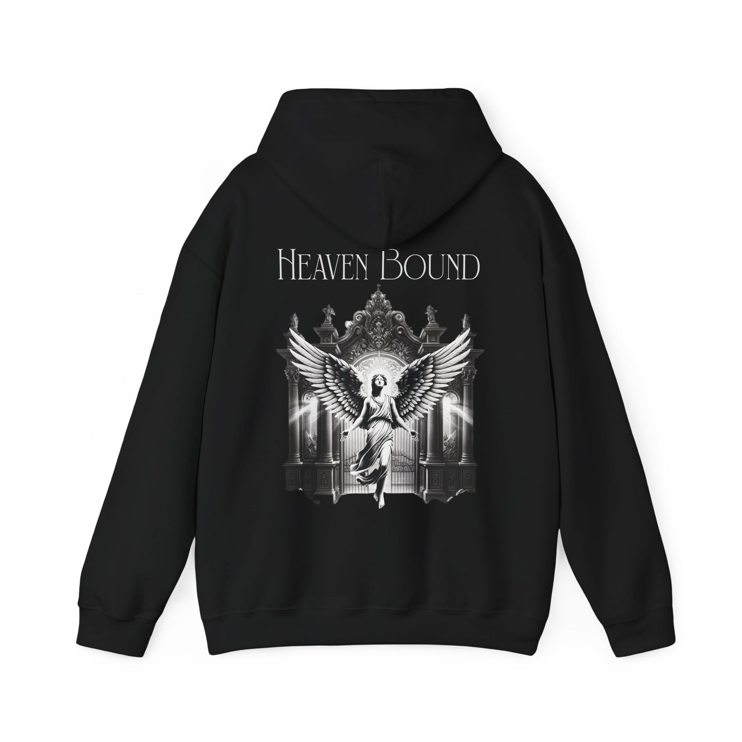 back of alternative christian hoodie that says heaven bound with gates of heaven graphic and angel