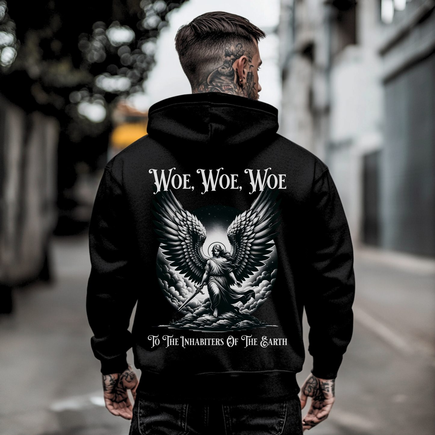 tattooed man wearing a christian angel hoodie with bible verse on the back