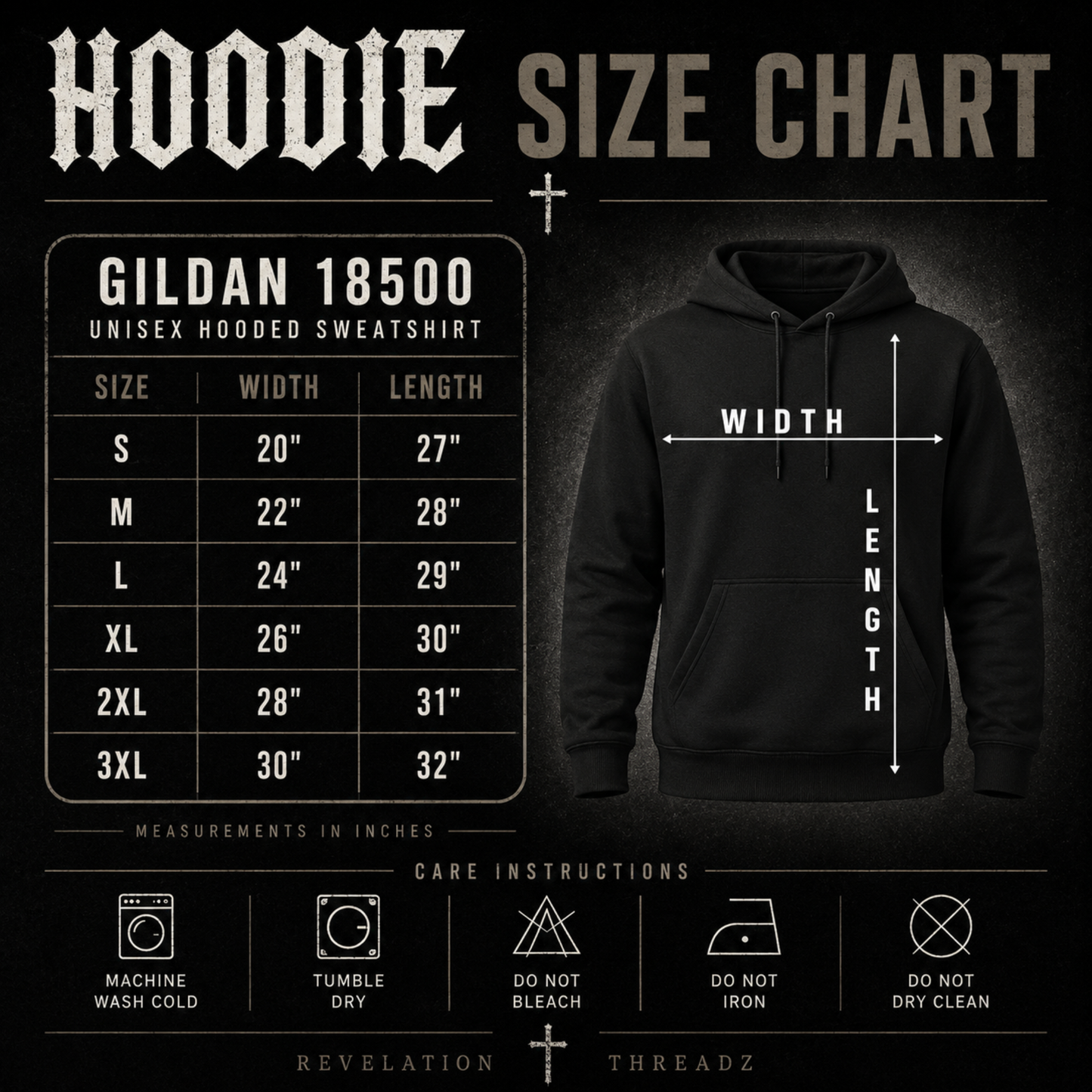 A black hoodie size chart graphic for Revelation Threadz, featuring a size table from Gildan 18500, care instructions, and a black hoodie with width and length measurement guides.