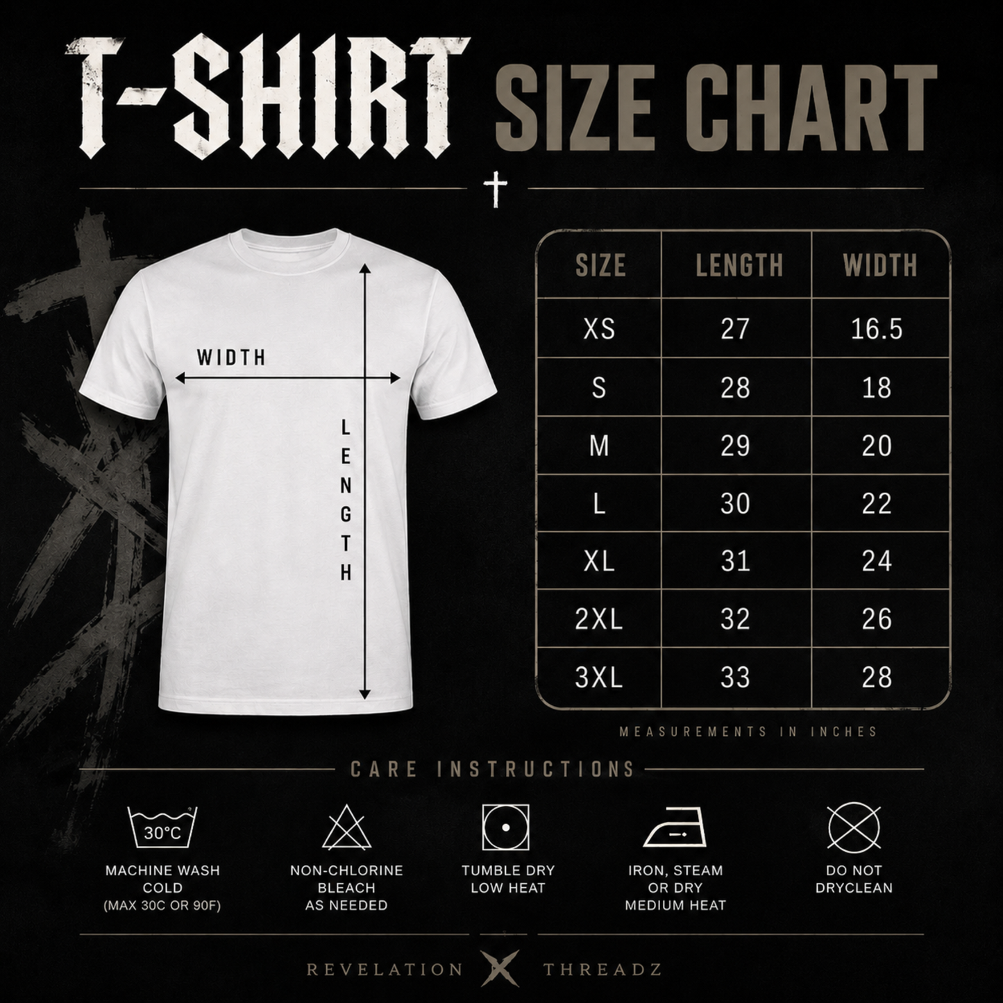 A size chart graphic for a t-shirt by Revelation Threadz, showing a white t-shirt with measurement arrows for width and length, a size table from XS to 3XL in inches, and care instruction icons on a black background.