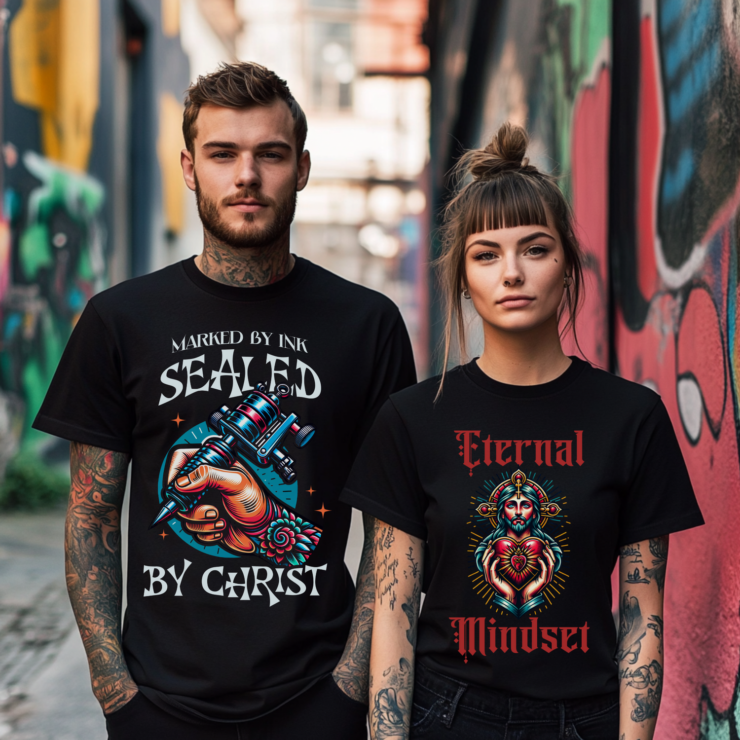 man and woman wearing alternative christian clothing brand