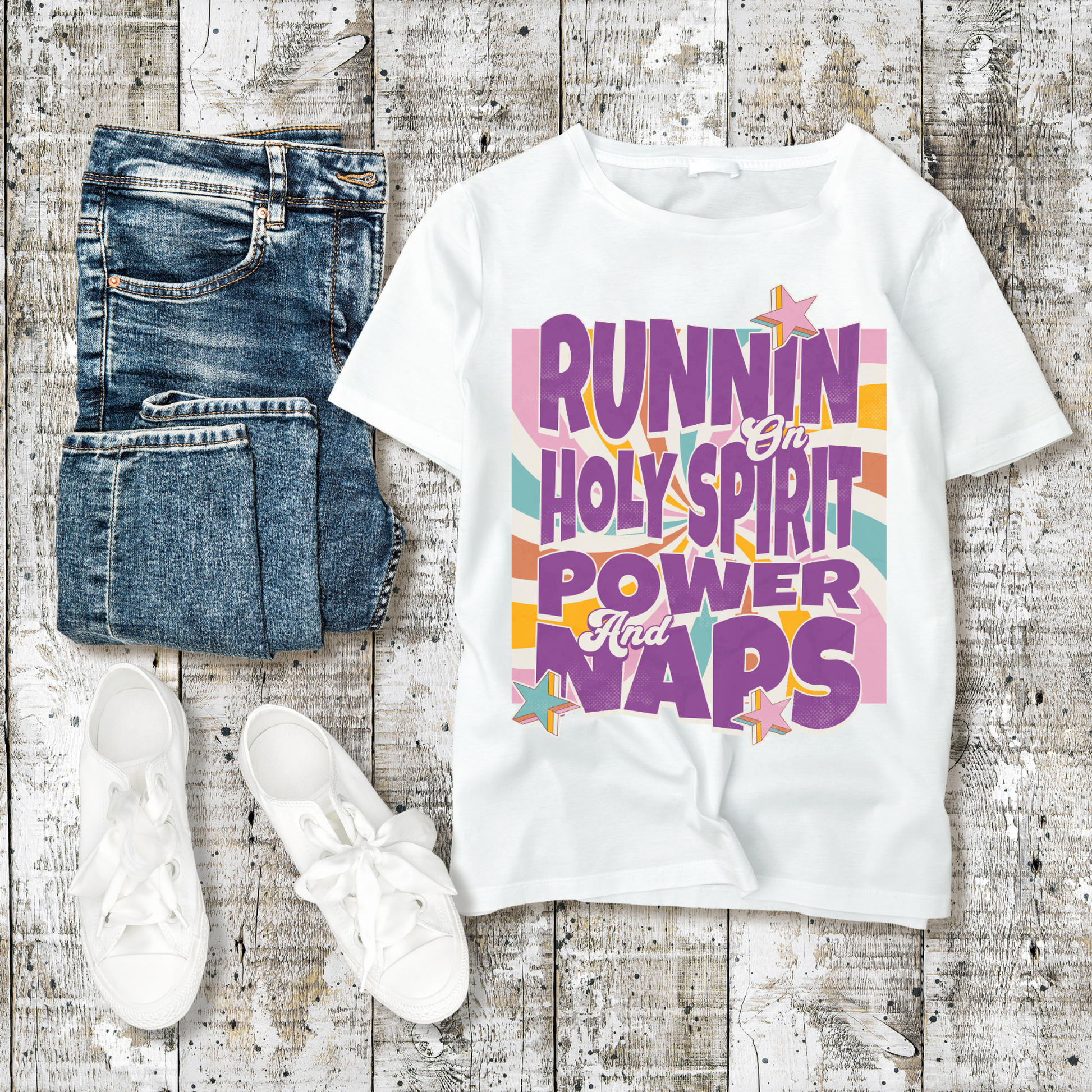 flat lay of a white short sleeve womens cute christian shirt