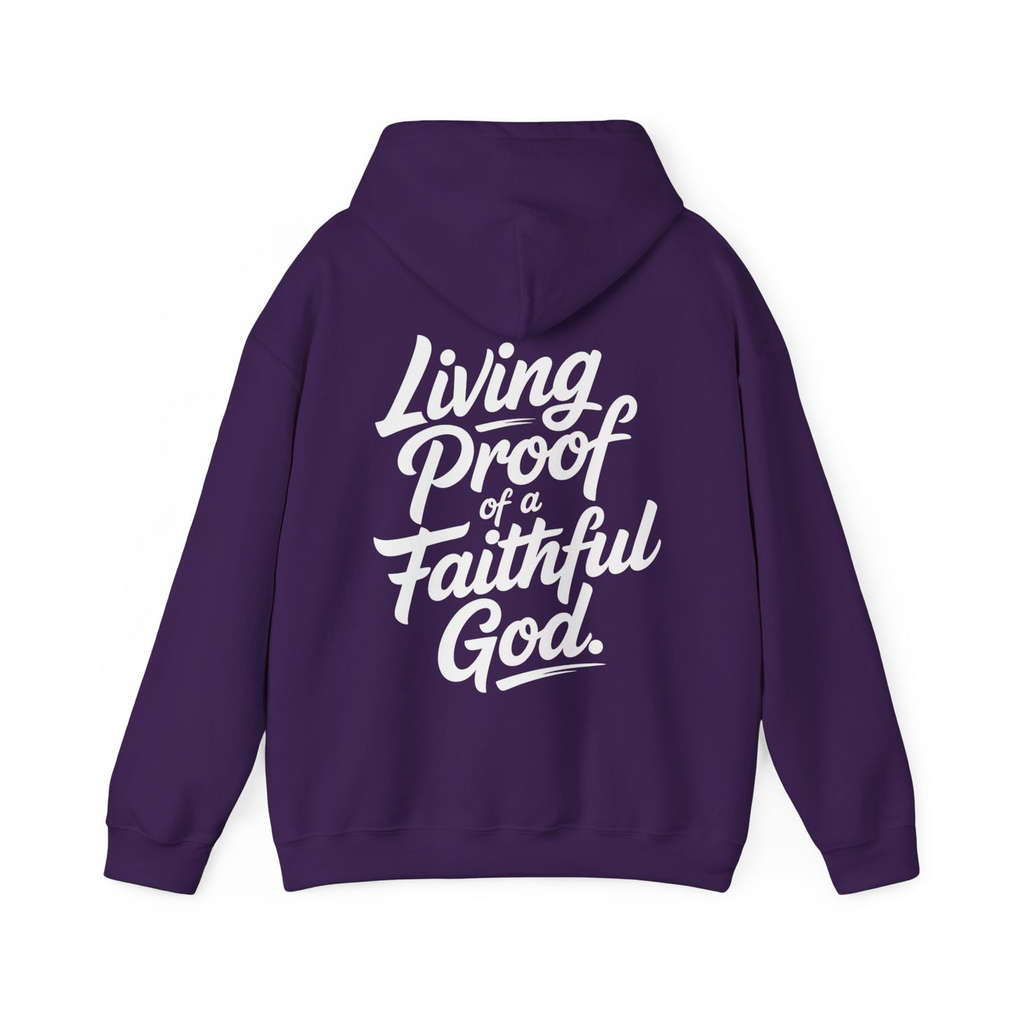Purple womens christian hoodie with 'Living Proof of a Faithful God' text on the back against a white background