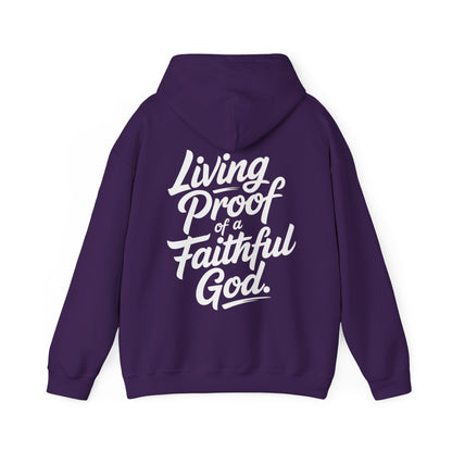 Purple womens christian hoodie with 'Living Proof of a Faithful God' text on the back against a white background