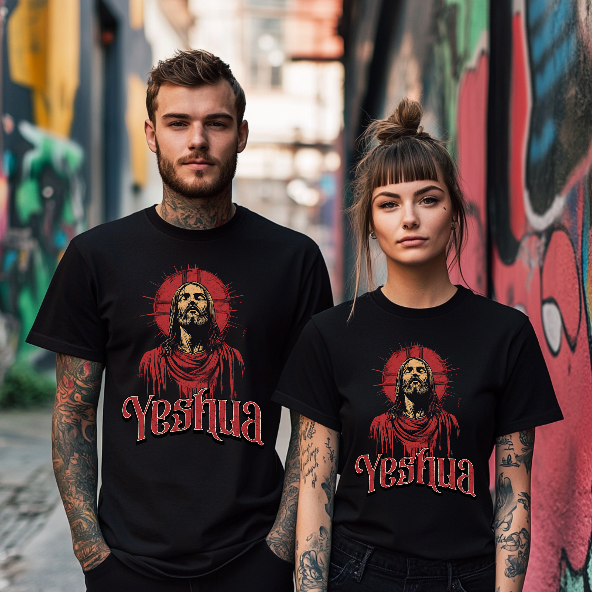 a tattooed alternative christian man and woman both wearing an edgy christian yeshua t-shirt