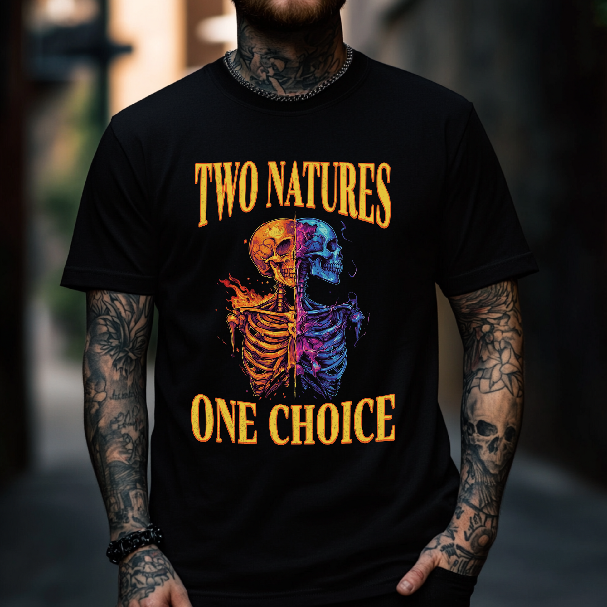 Two Natures One Choice Christian streetwear tee in black, front design view