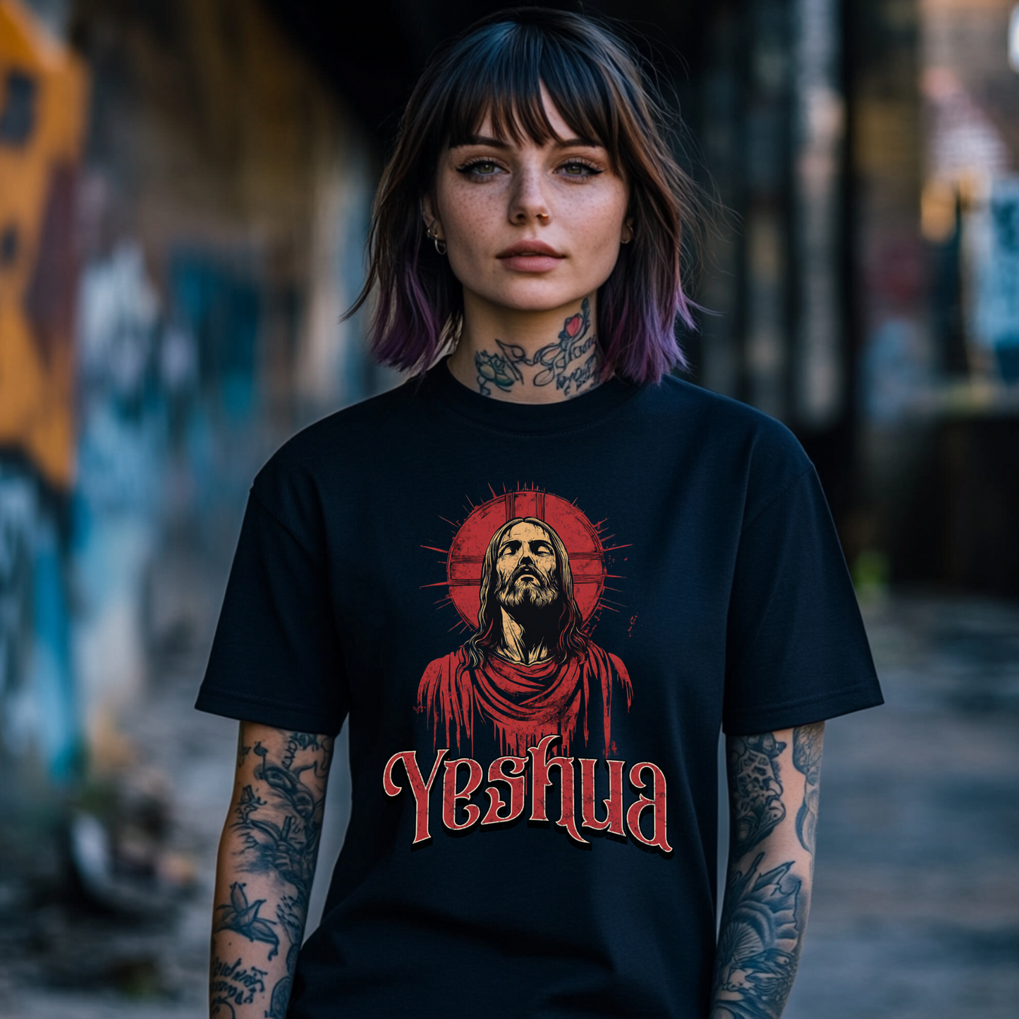 a alternative woman with tattoos wearing a christian streetwear yeshua tee in the color black with short sleeves