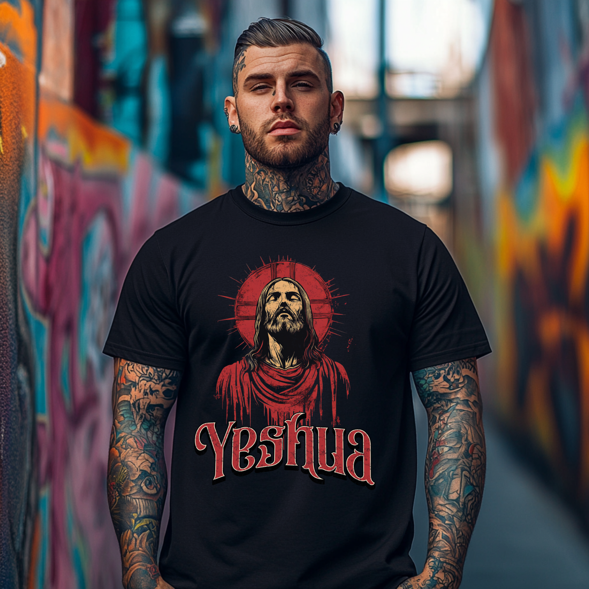 tattooed man wearing a black short sleeve Yeshua tshirt for men.