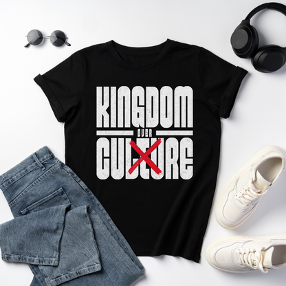 flat lay image of a unisex bold christian graphic tee with the text kingdom over cuture 