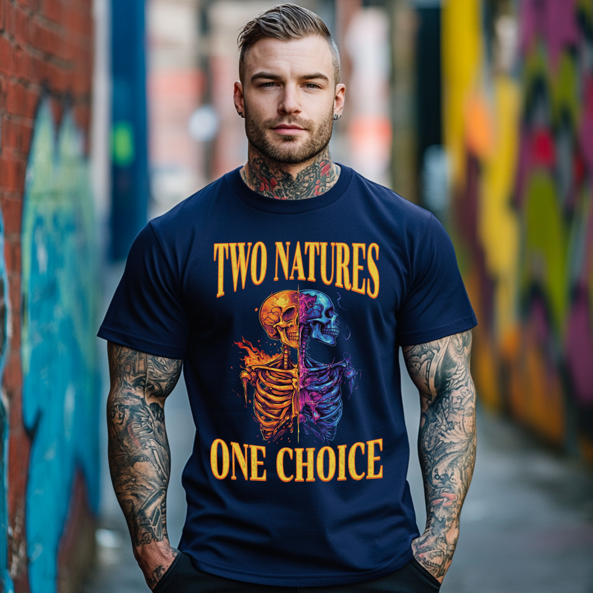 Unisex Christian graphic tee inspired by Romans 8:5-6 in navy