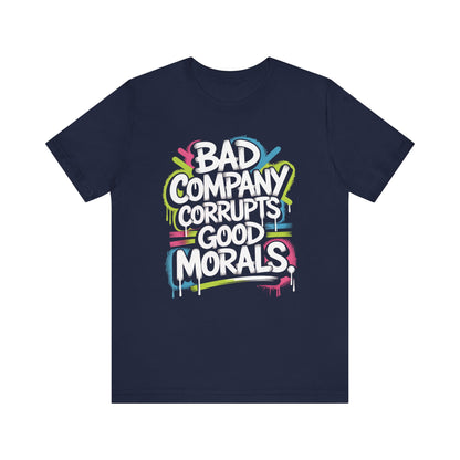 Navy blue urban christian t-shirt with colorful text design with bible verse bad company corrupts good morals on a white background