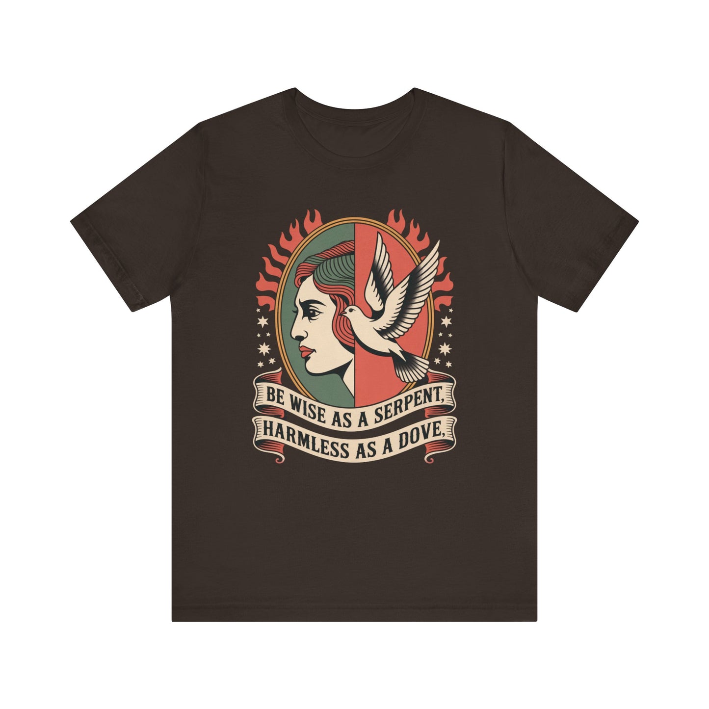 Flat lay image of a brown Christian graphic tshirt with a traditional tattoo style design that says Be wise as a serpent harmless as a dove bible verse