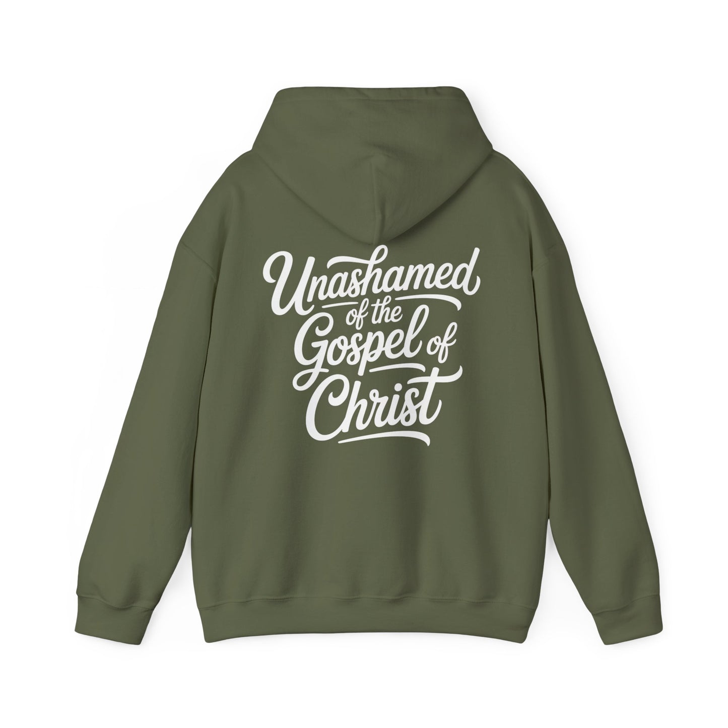 Green faith based hoodie with 'Unashamed of the Gospel of Christ' text on the back against a white background