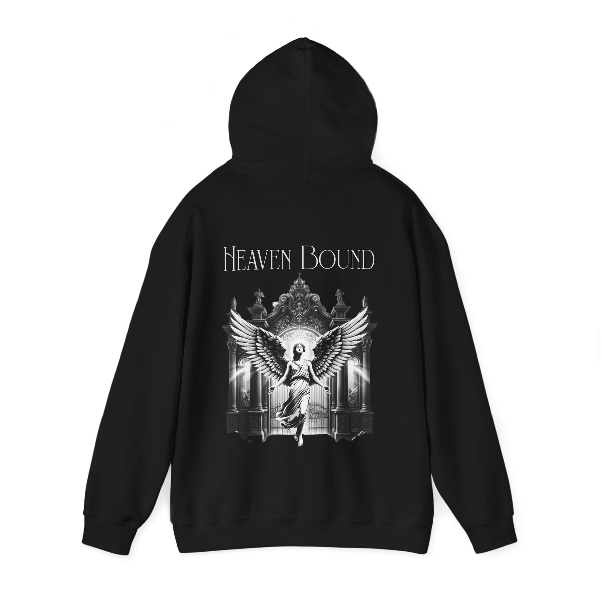 back image of a mens christian graphic hoodie with gates of heaven that says heaven bound with angel graphic