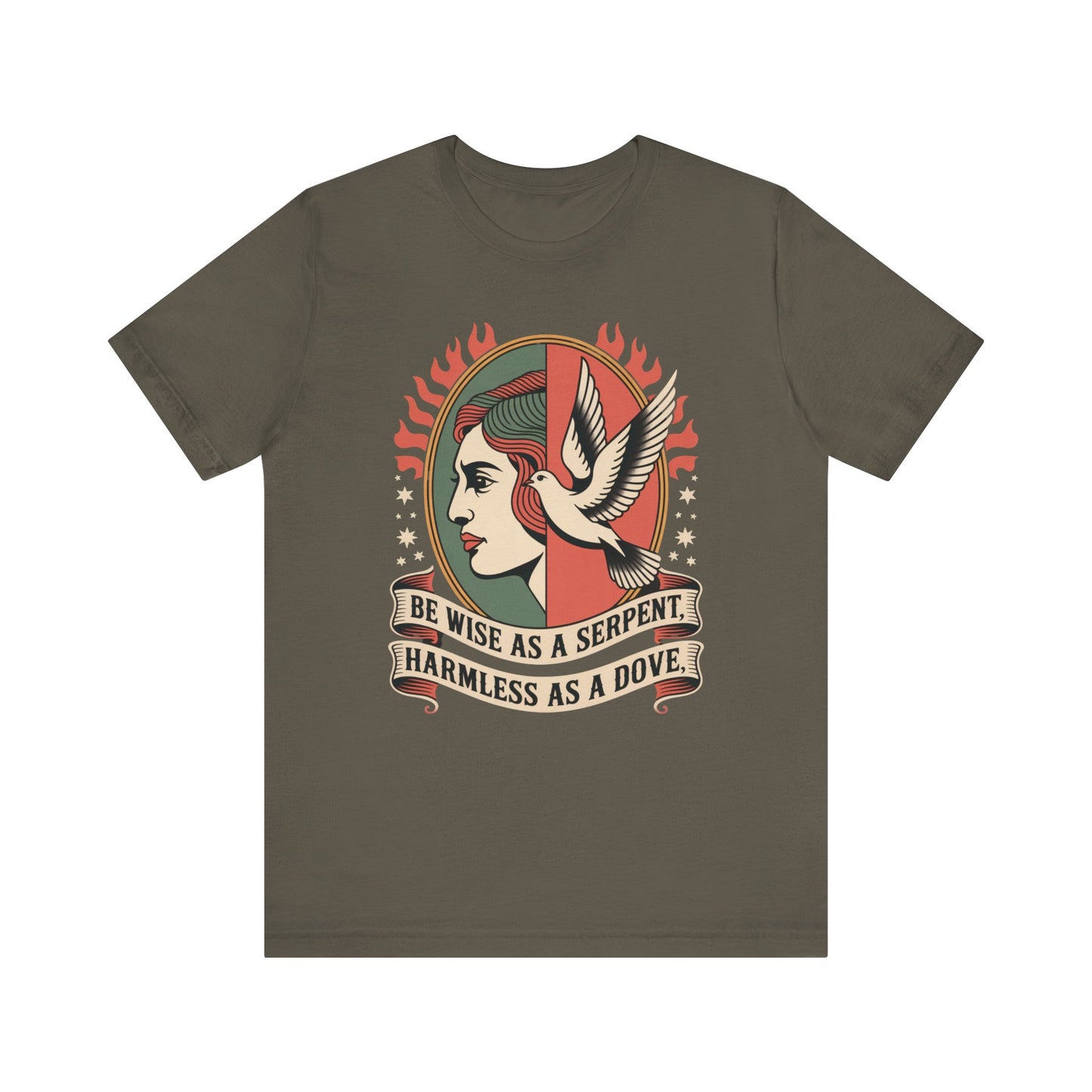 flat lay image of an army colored alternative christian shirt with bible verse 