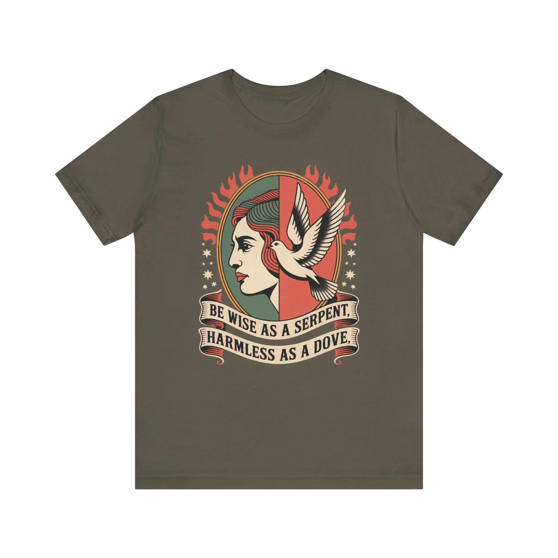 flat lay image of an army colored alternative christian shirt with bible verse 