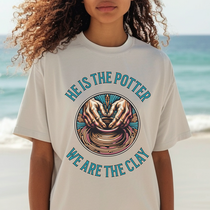 women wearing a beige crewneck short sleeve modern christian t shirt with bible verse