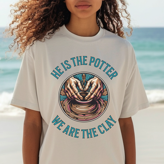 women wearing a beige crewneck short sleeve modern christian t shirt with bible verse