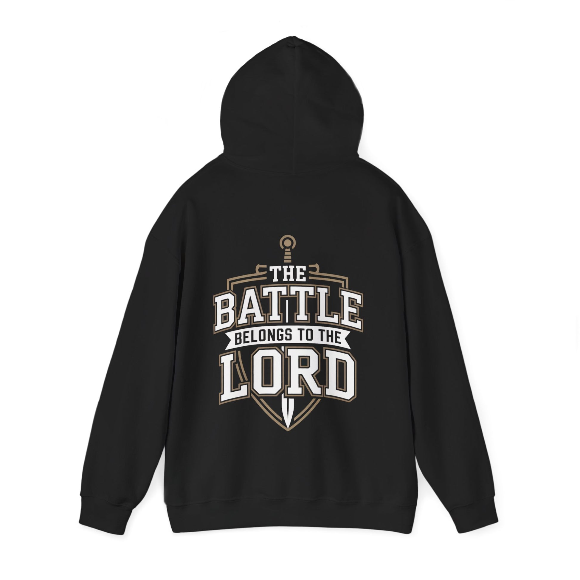 Black religious hoodie with 'The Battle Belongs to the Lord' text on the back against a white background