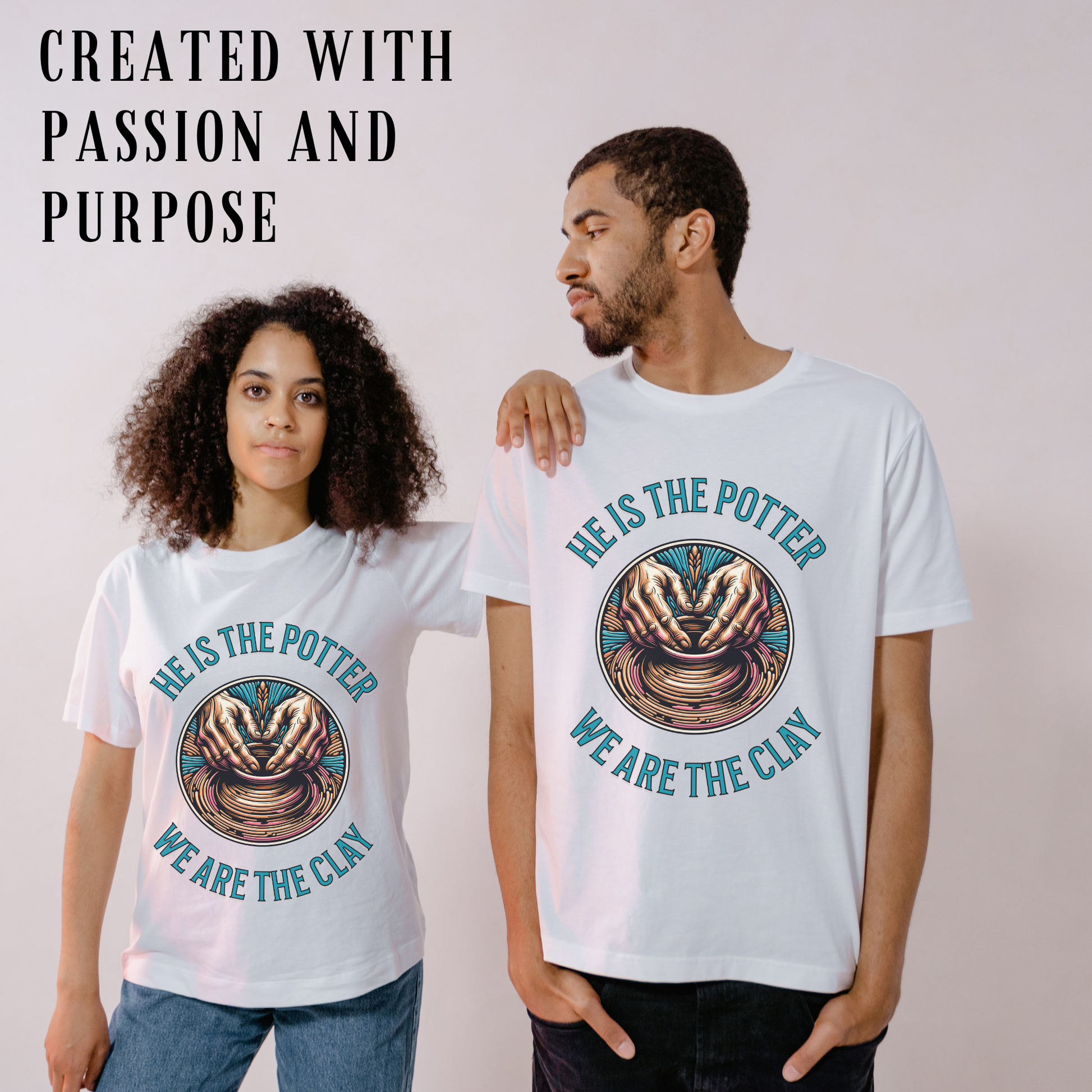 man and woman wearing unisex trendy christian tshirts