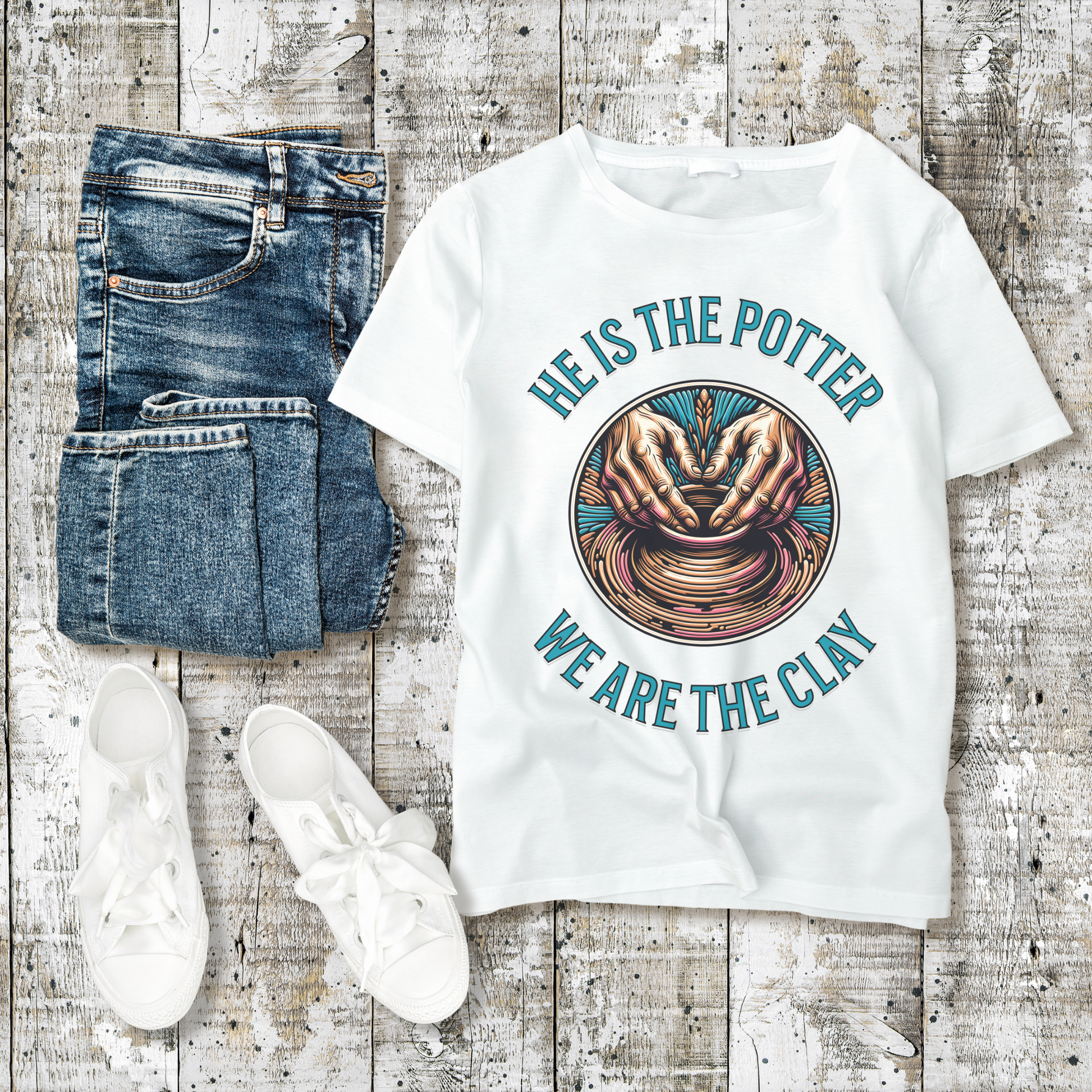 flat lay of white trendy christian shirt for women and girls