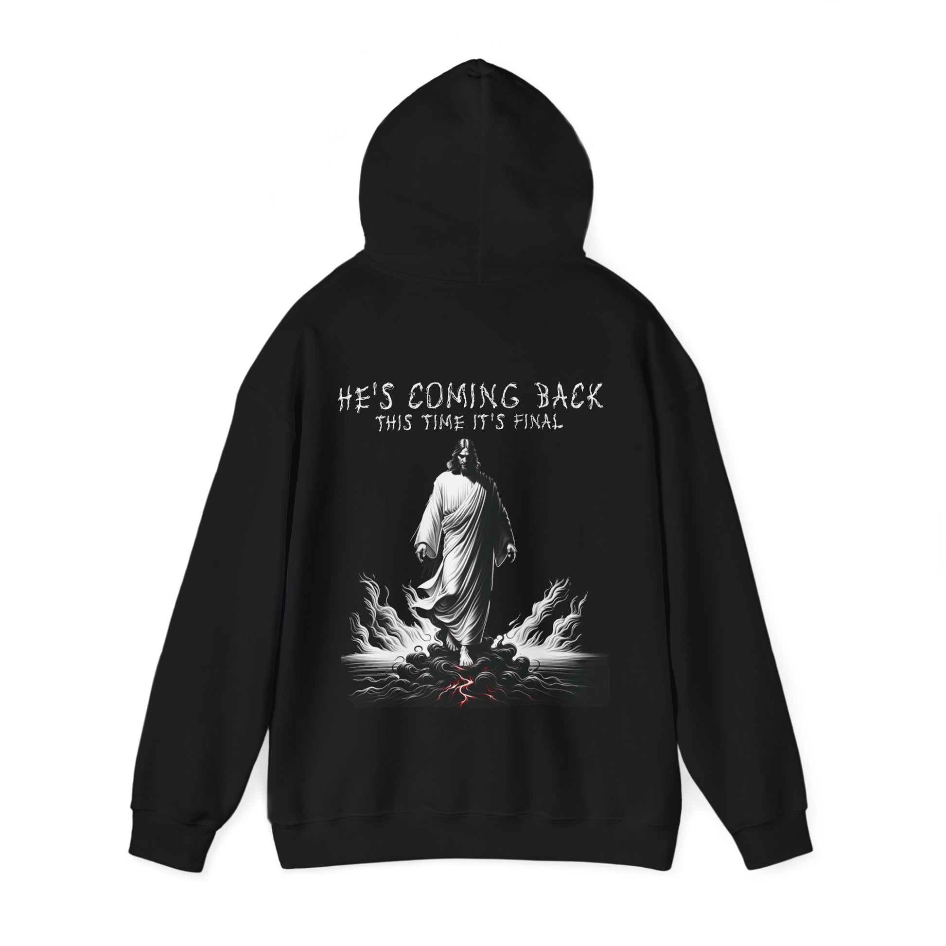 back image with hood up of a mens christain streetwear hoodie with Jesus that says He's coming back