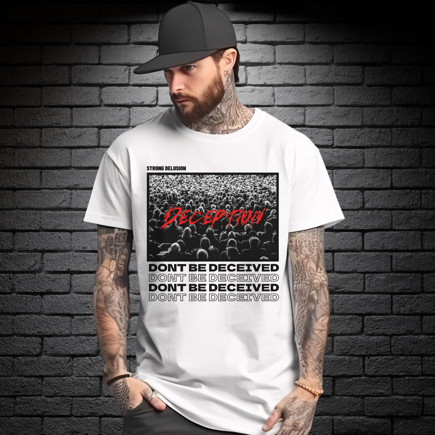 man standing wearing a white crewneck short sleeve men's christian streetwear tshirt that says dont be deceived