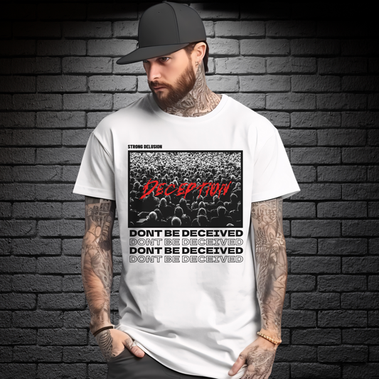 man standing wearing a white crewneck short sleeve men's christian streetwear tshirt that says dont be deceived