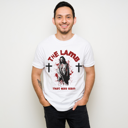 man wearing a white crew neck short sleeve alternative christian graphic tee that says the lamb that was slain with an image of jesus