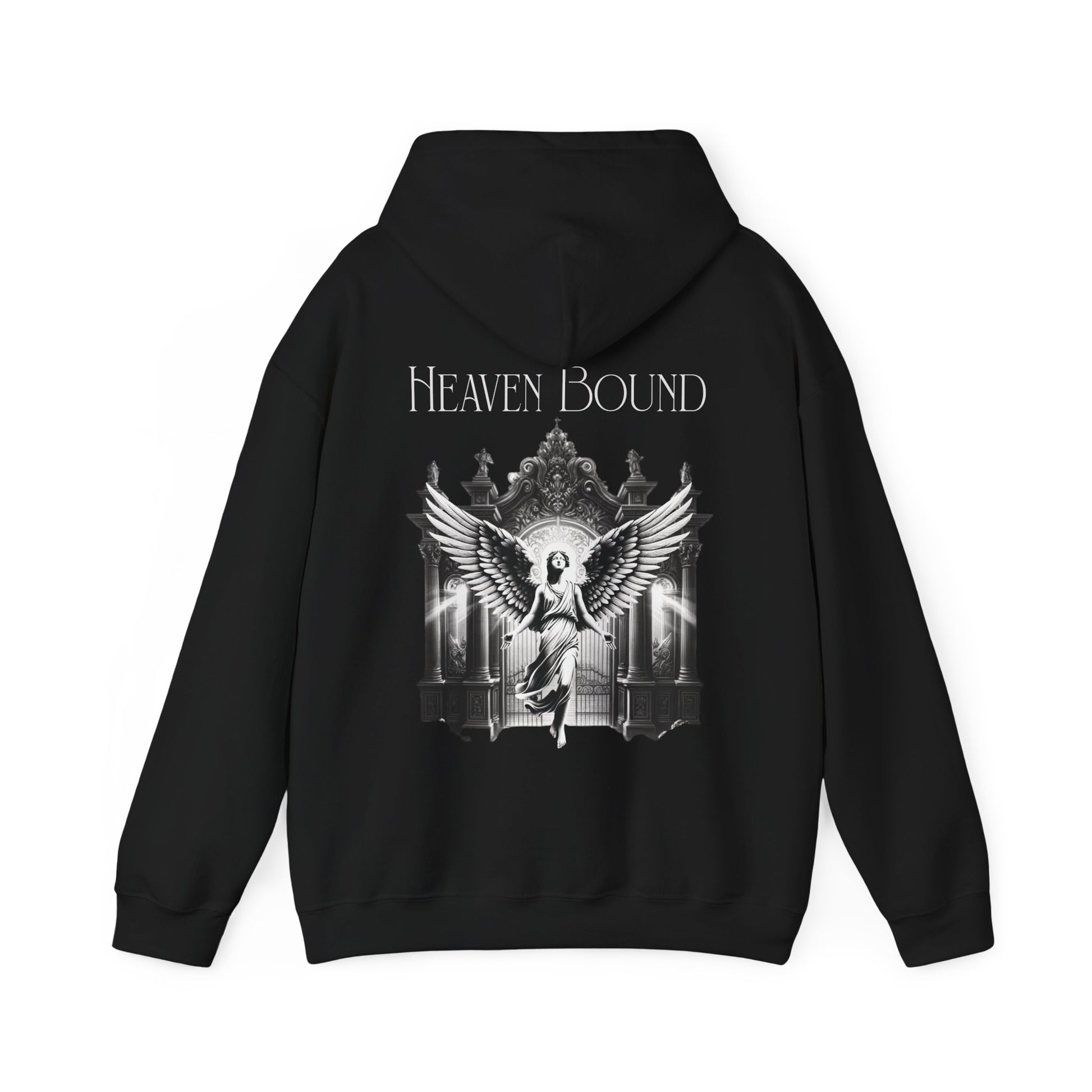 back of alternative christian hoodie that says heaven bound with gates of heaven graphic and angel