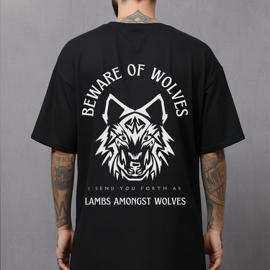 man wearing a mens christian streetwear graphic tshirt with a back design of a wolf that says beware of wolves