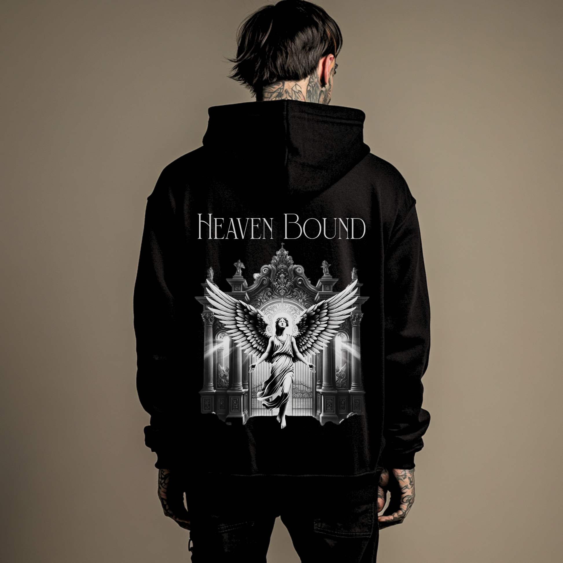 heaven bound alternative christian streetwear hoodie with gates of heaven and angel graphic