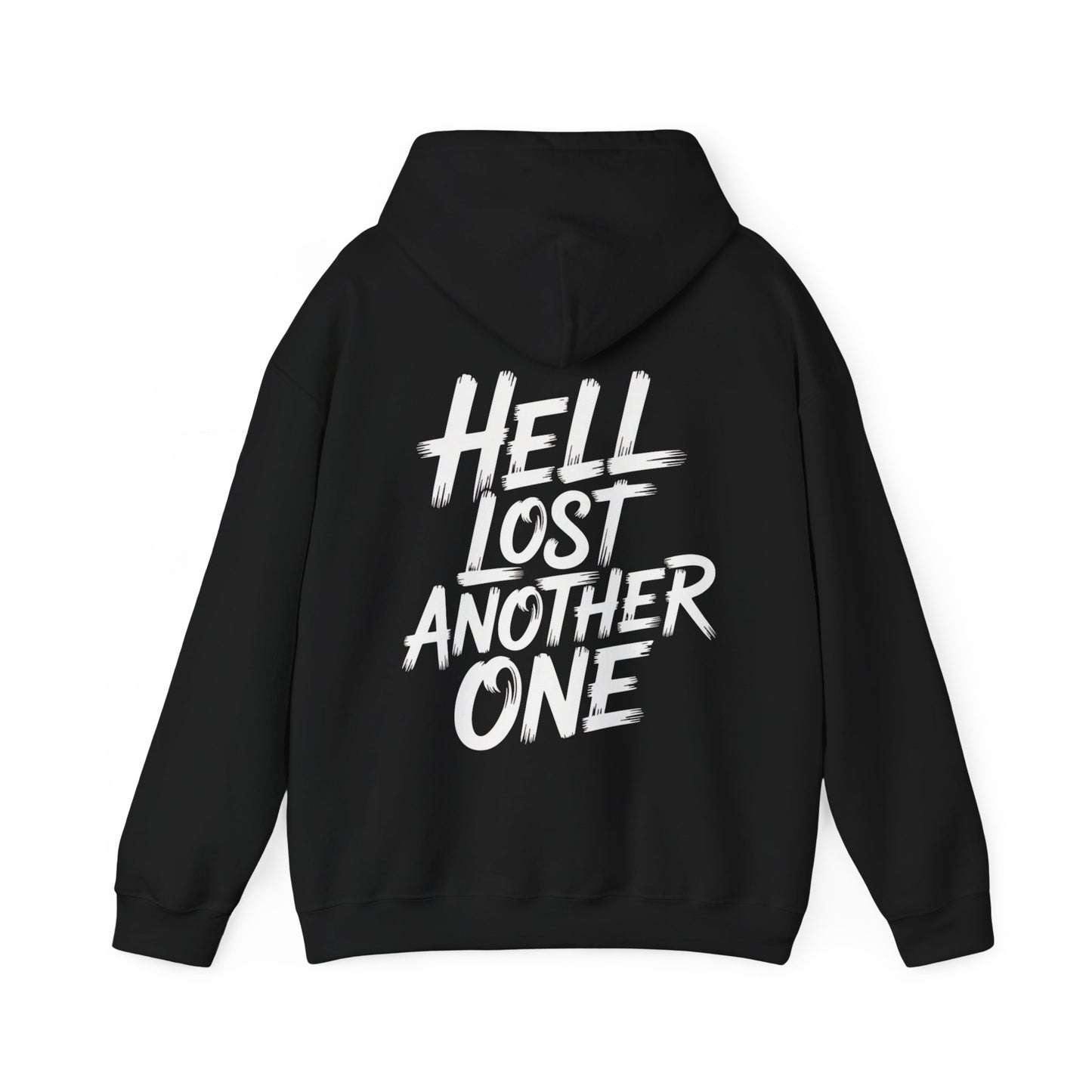 Black christian graphic hoodie with white text 'HELL LOST ANOTHER ONE' on the back against a white background