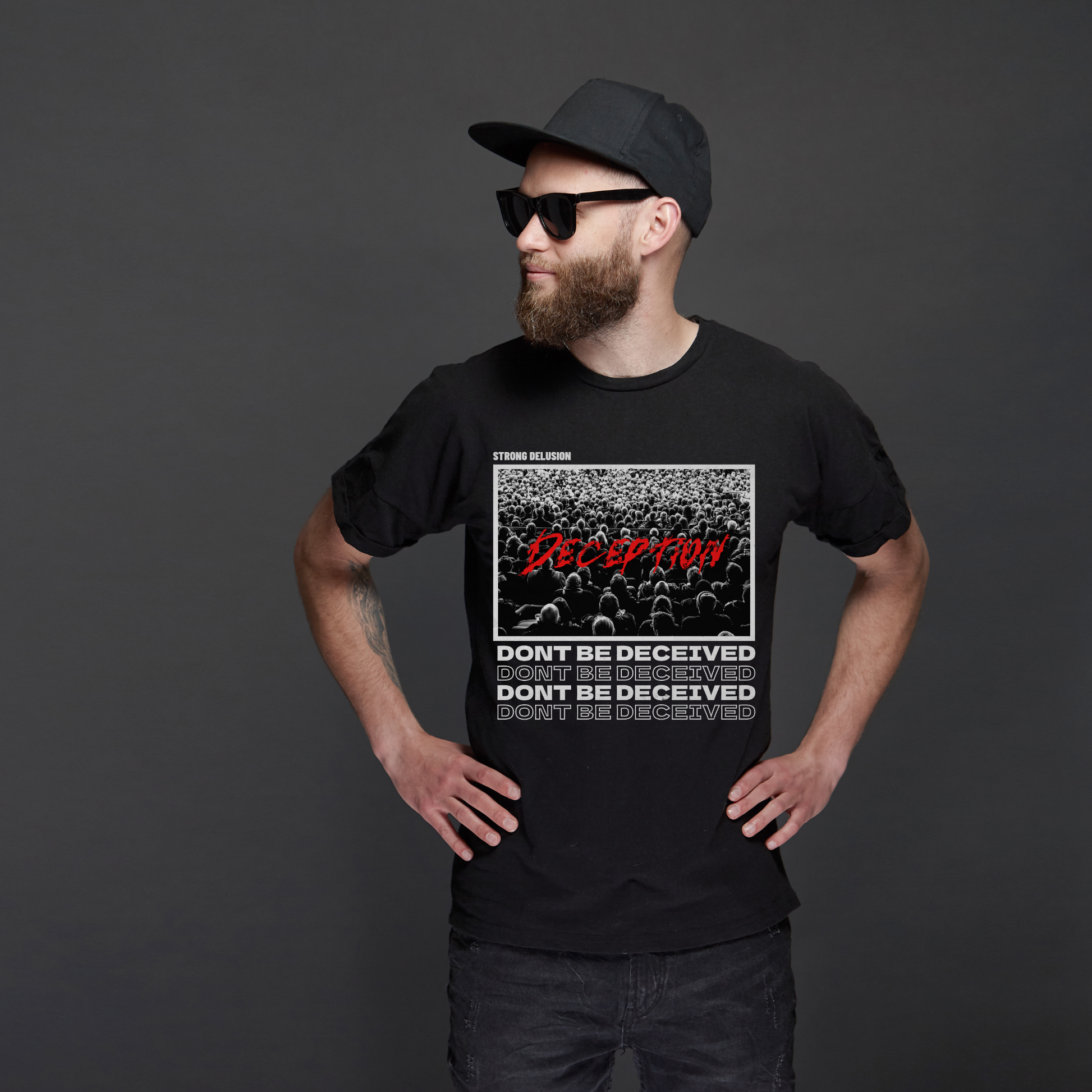 man wearing a black dont be deceived shirt mens christian streetwear brand 