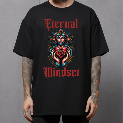 man wearing an alternative christian tshirt eternal mindset