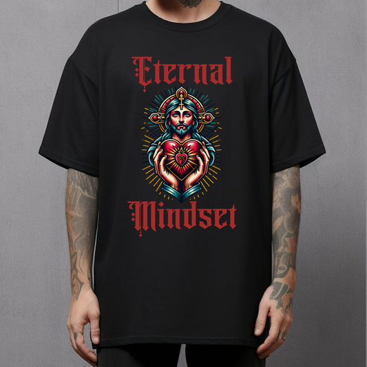 man wearing an alternative christian tshirt eternal mindset