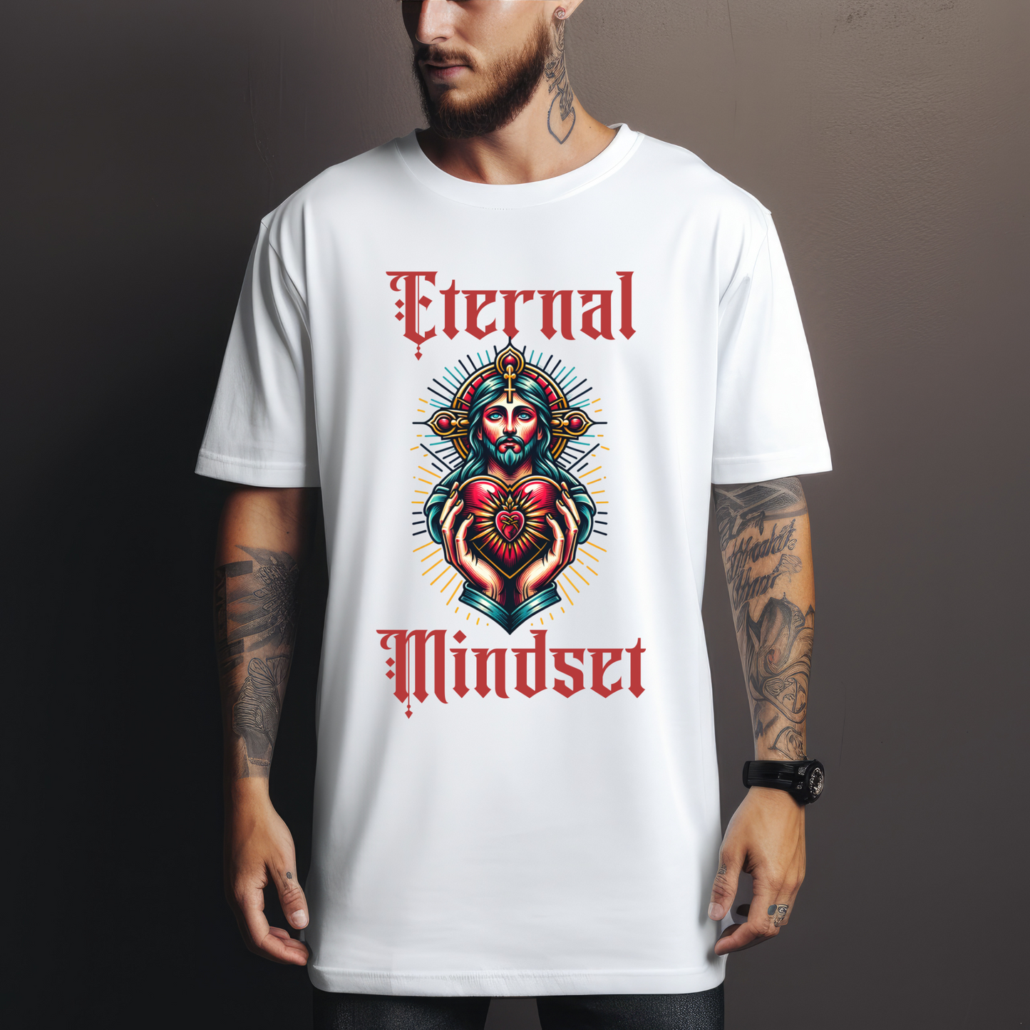man wearing a white alternative christian clothing for men shirt