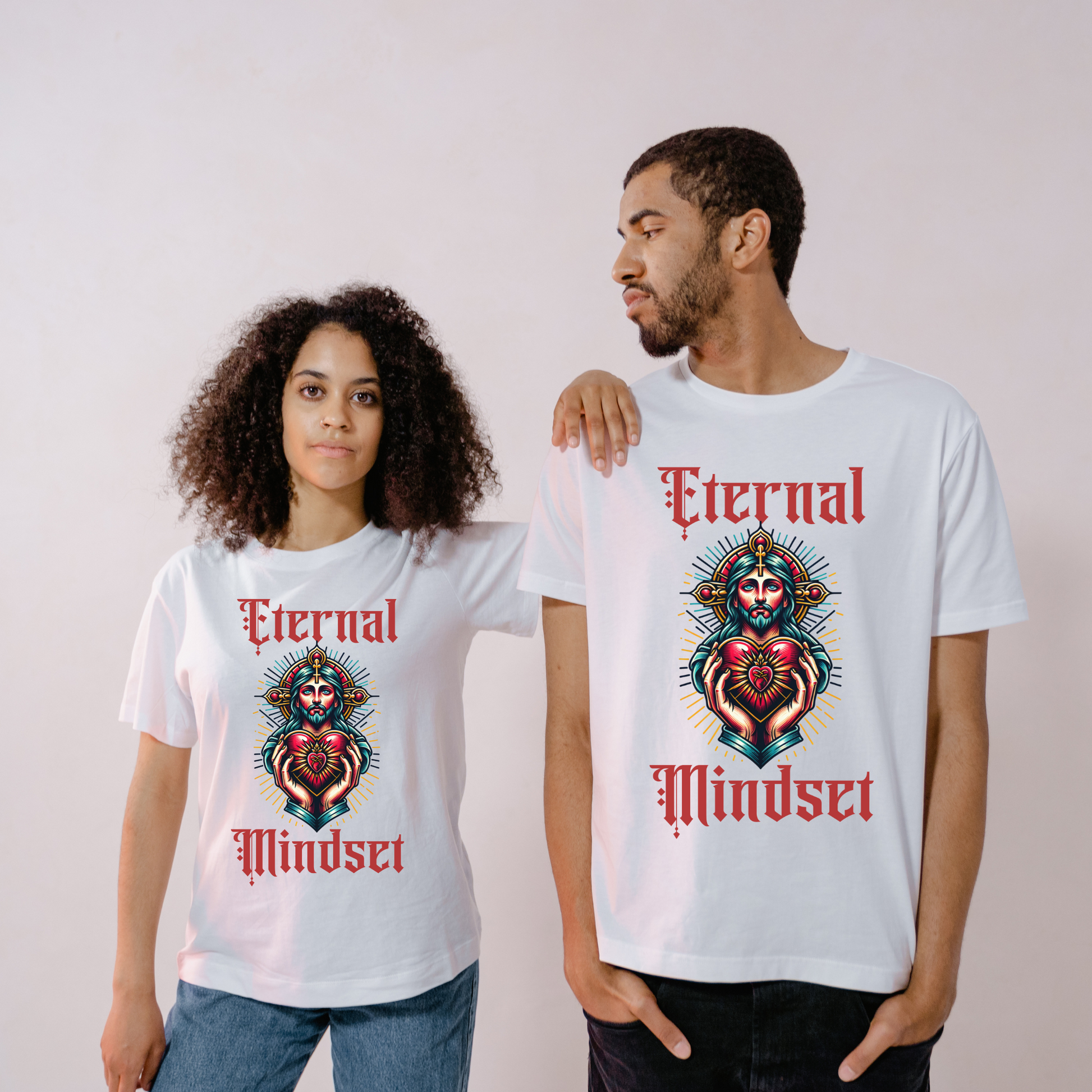 man and woman wearing eternal mindset alternative christian clothing brand shirt