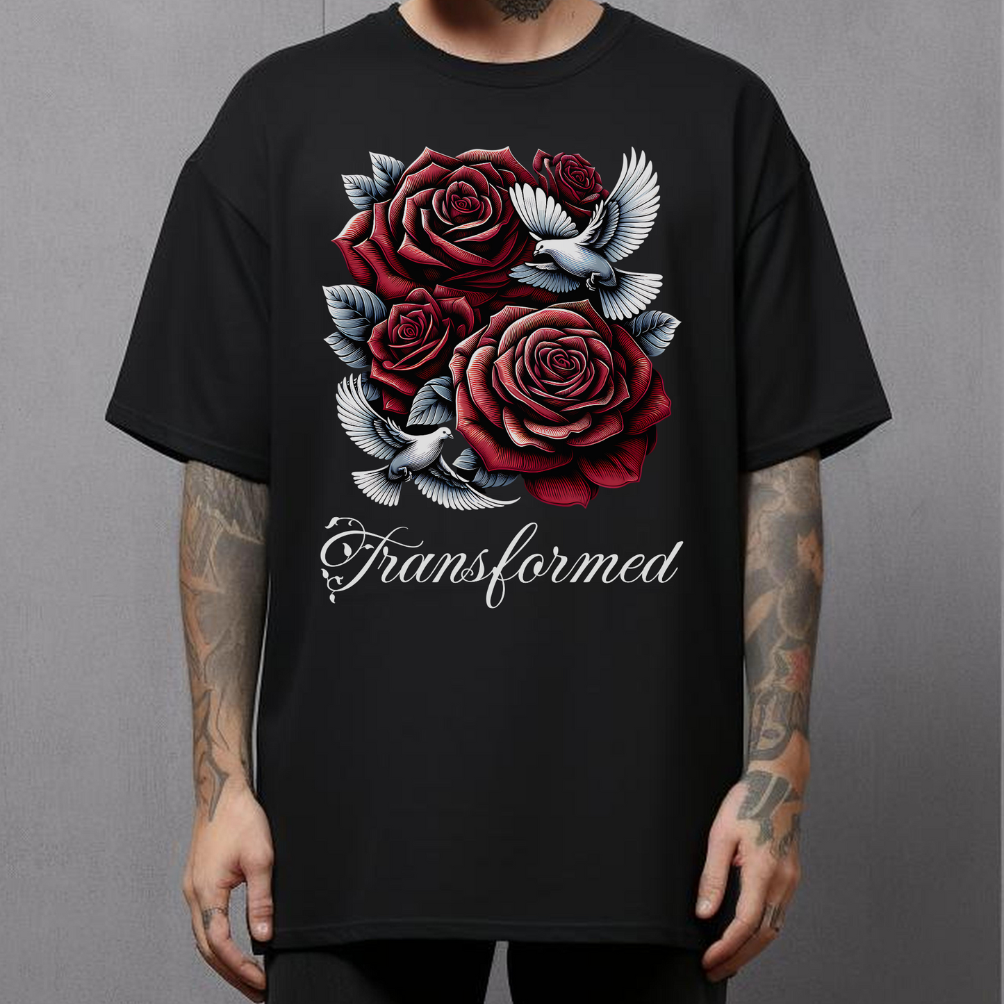 alternative Christian streetwear T-shirt Tattoo Style Rose and Dove Design