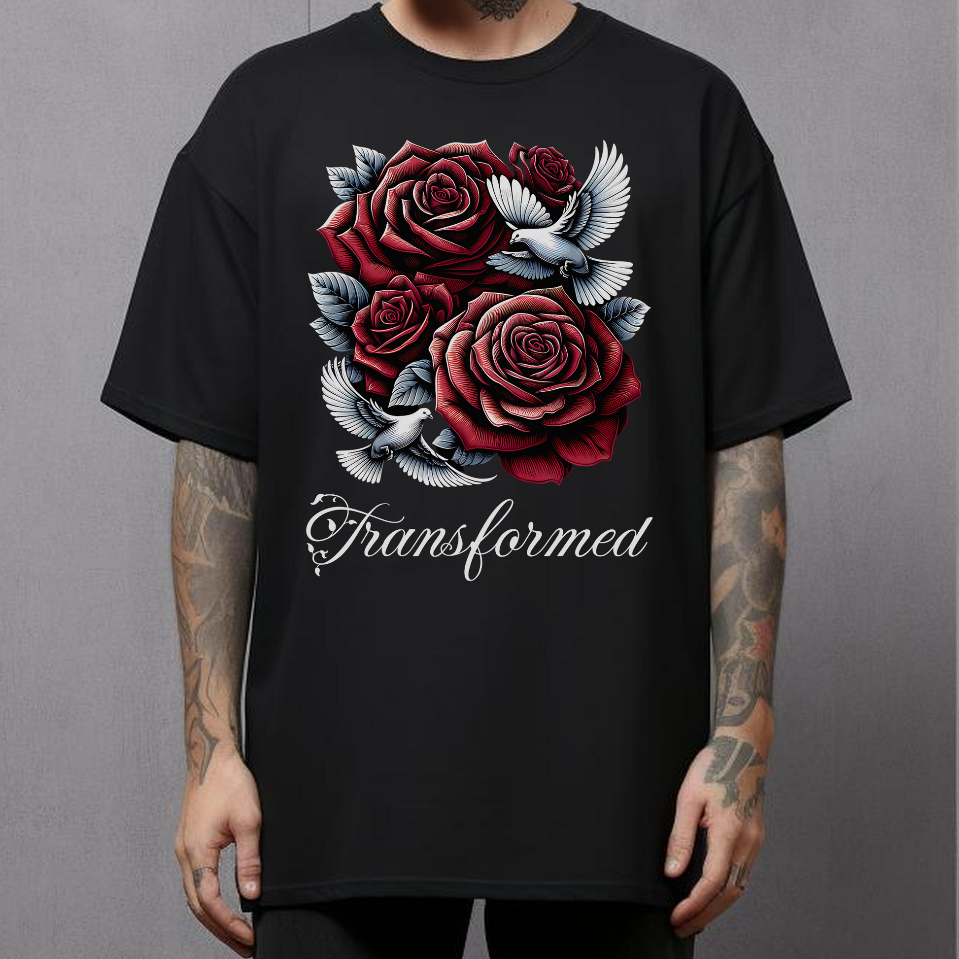 alternative Christian streetwear T-shirt Tattoo Style Rose and Dove Design