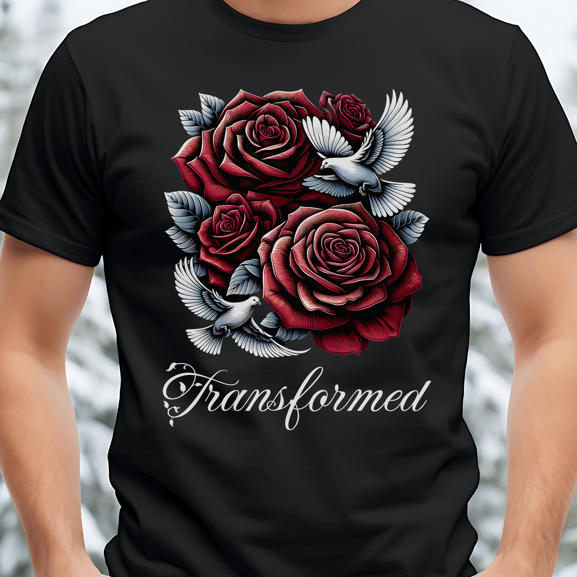 man wearing a mens transformed traditional tattoo graphic tshirt for christians