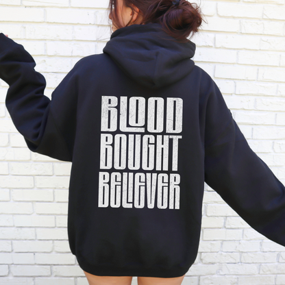 black best selling christian hoodie that says blood bought believer on back