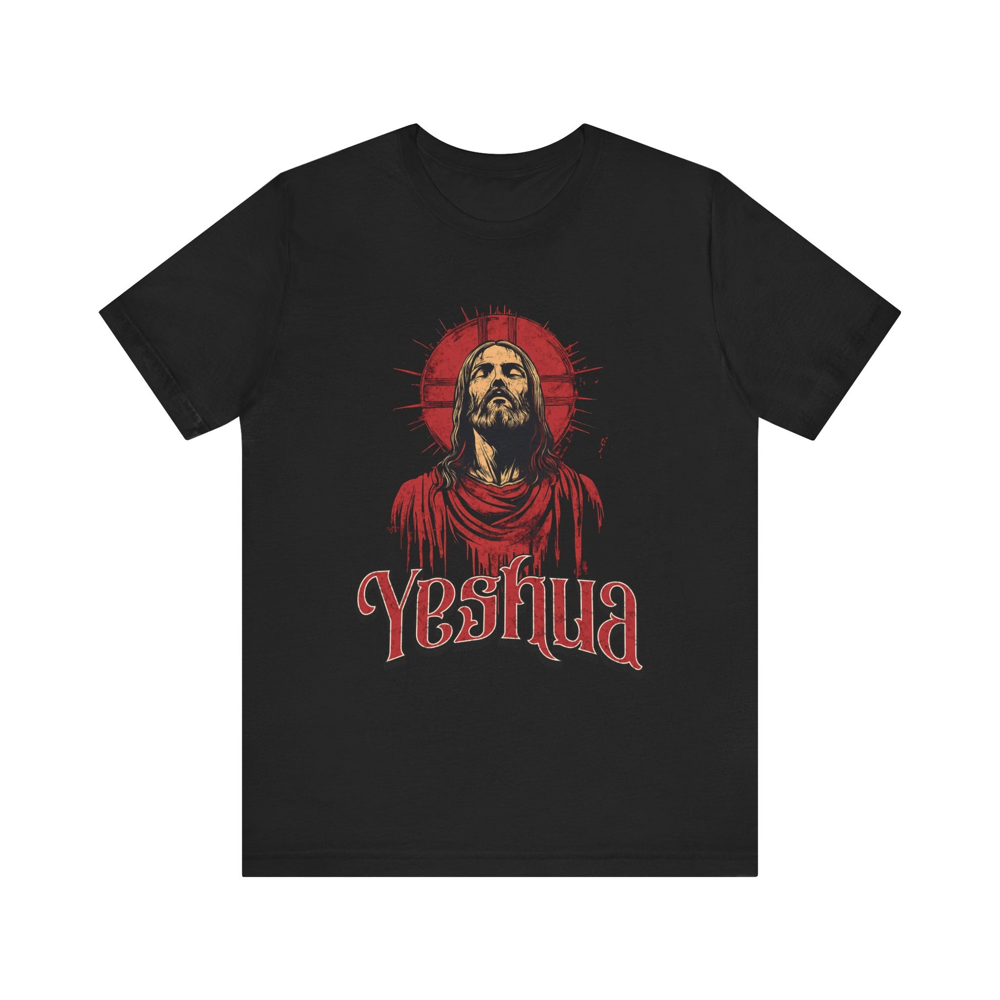 a black alternative christian streetwear shirt that says yeshua with a jesus graphic