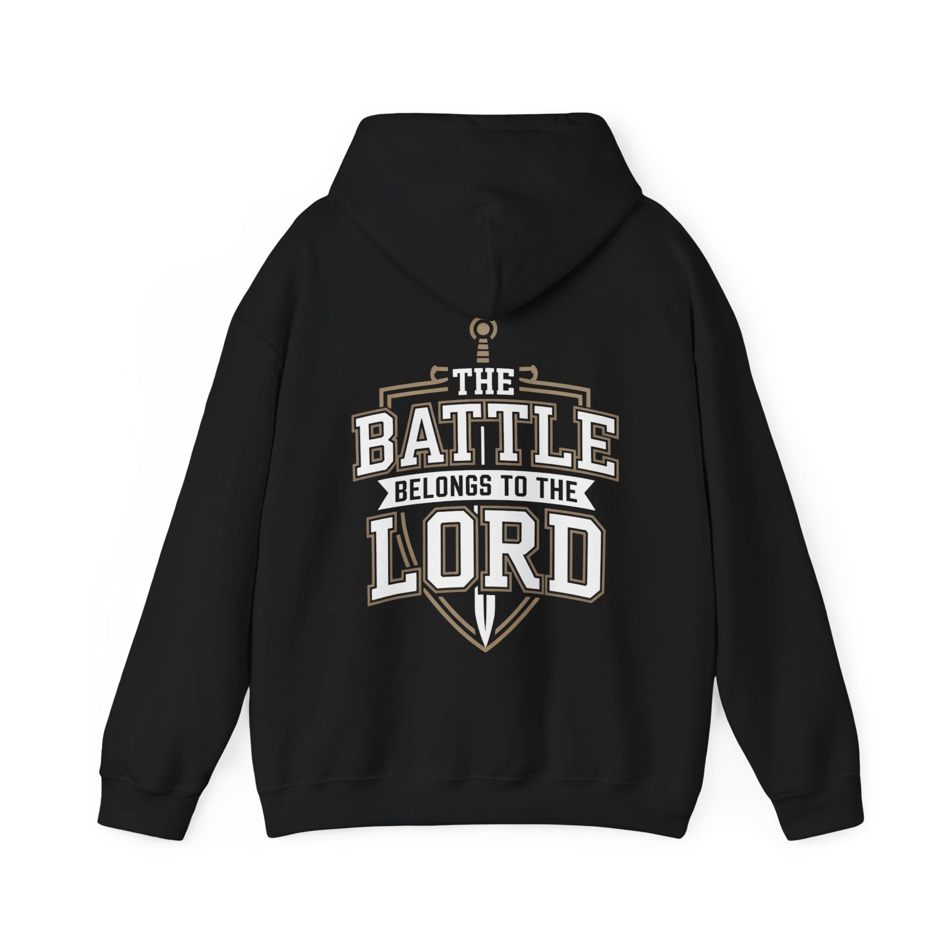 Black christian streetwear hoodie with 'The Battle Belongs to the Lord' text on the back against a white background