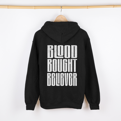 black alternative christian unisex hoodie with back design blood bought believer