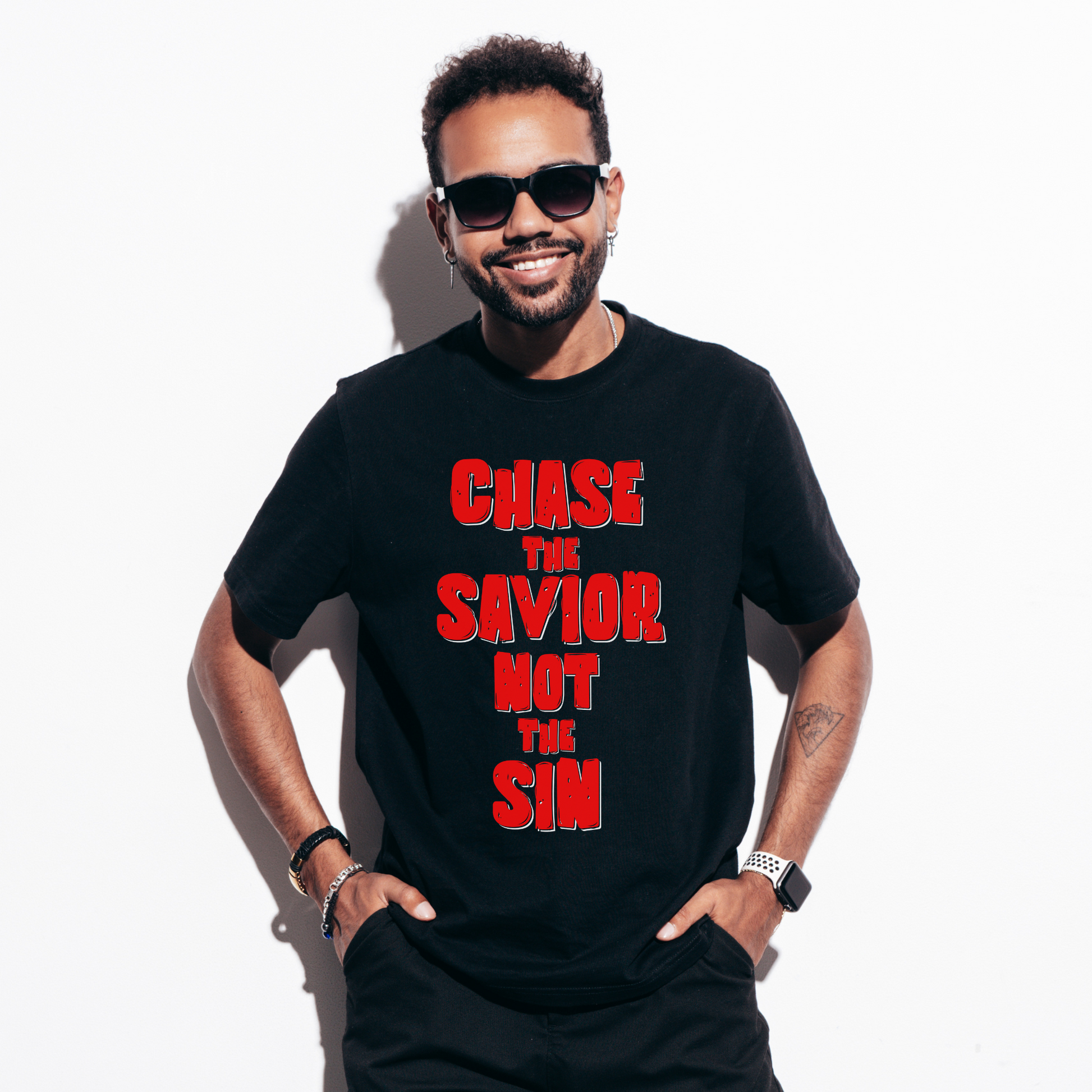 Mens Christian T-shirt black crewneck 